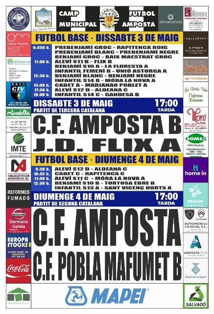 Jornada 28 SEGONA CATALANA FRUP 6. Diumenge 4 de maig 17:00 hores: CF AMPOSTA - CF POBLA DE MAFUMET B